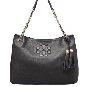 Tory Burch Thea Chain Slouchy Shoulder Bag $495 black/gold logo tassels  divided